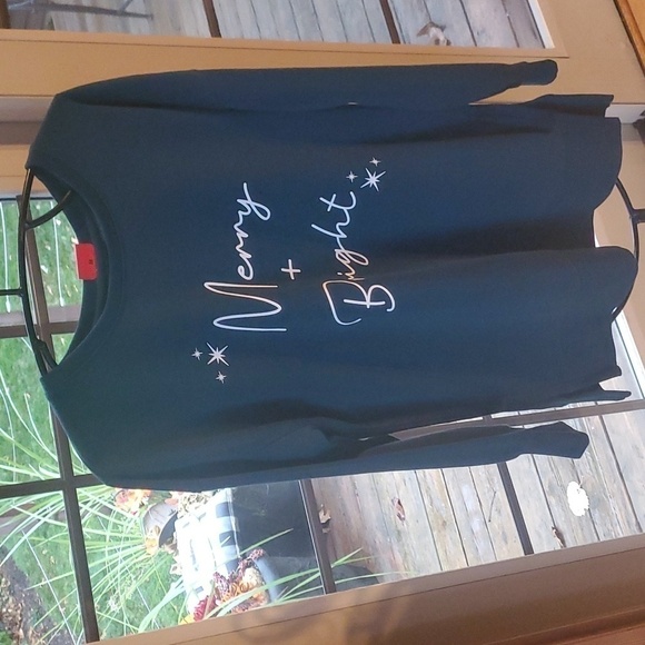Ellen Tracy Holiday "Merry & Bright" Graphic Long Slv Dark Green Sz M Sweatshirt - Picture 1 of 10